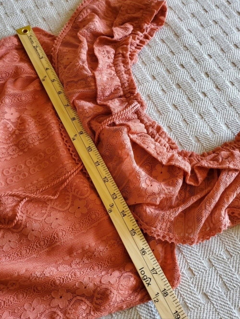 No Boundaries Boho Lace Off Shoulder Smocked Tassel Blouse Top Salmon - Picture 5 of 12